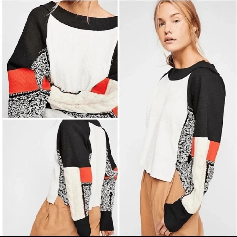 Free People Josie Patterned Mixed Knit Top Textured Cable Trim Sz Large